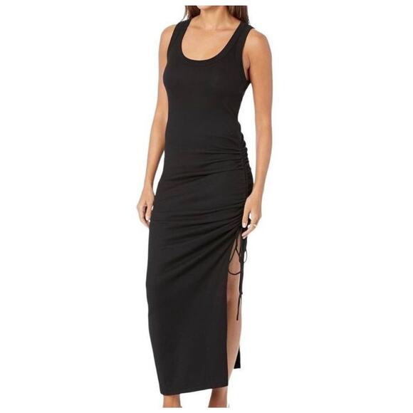 NEW MICHAEL STARS Marine Dress Size Small Black Ribbed Ruched Tie Maxi Bodycon - Picture 1 of 13